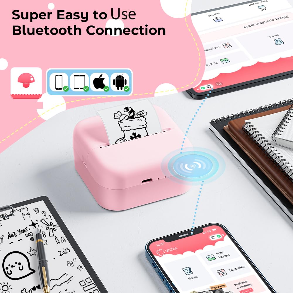 M02L Note Printer- Mini Printer with Non-Adhesive Paper, Replace T02 Bluetooth Thermal Printer Sticker Maker Machine Gift for Valentine's Day,School,Photos, Study Notes, Scrapbook, Birthday- Pink