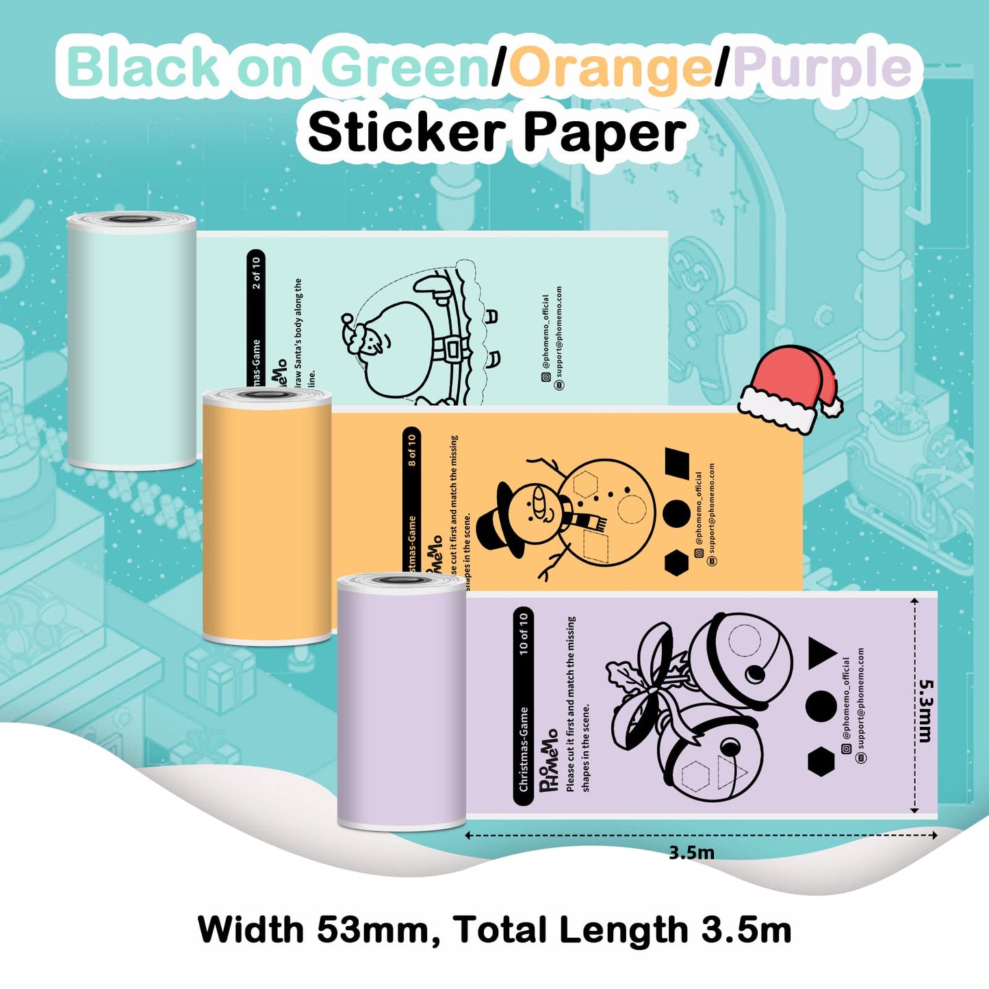 Sticker Paper- M02L Black on Green/Purple/Orange Paper Compatible with M02L/M02X/T02 Pocket Printer, for Study Notes, Journal, Stickers, 3 Rolls…