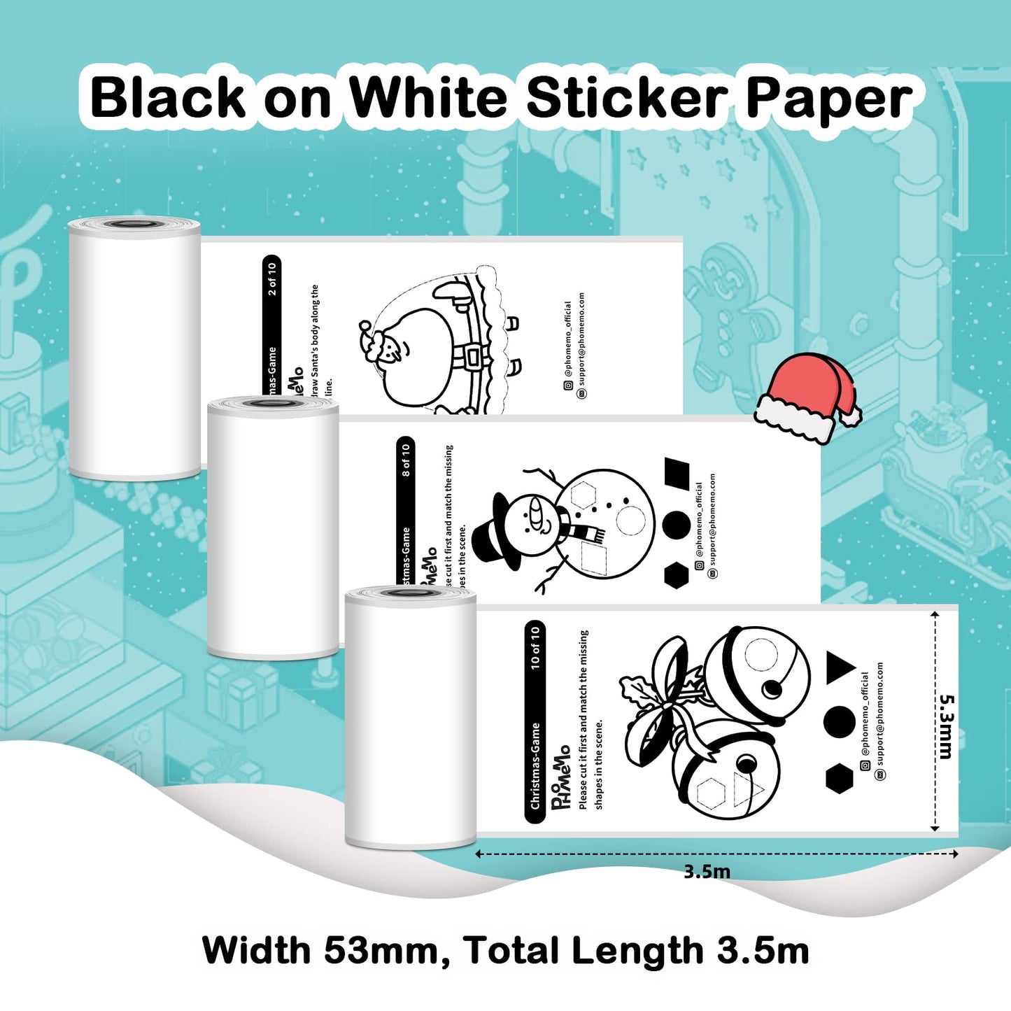 M02L/T02 Black on White Sticker Paper-Compatible with M02L/M02X/T02 Pocket Printer, for Study Notes, Journal, Stickers, 3 Rolls…