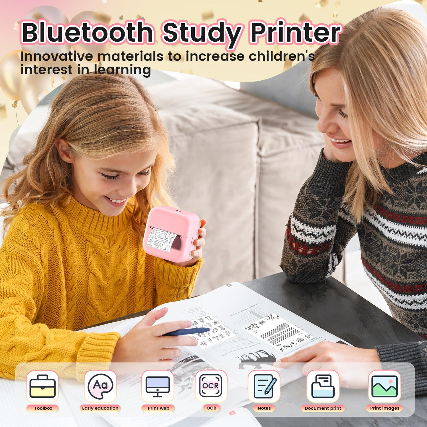 Mandizza Sticker Maker - Pocket Inkless Thermal Printer, M02L Bluetooth Sticker Maker Machine,Mini Printer with 6 Rolls Non-Adhesive Paper, Present for Birthday, Photos, Study Notes, Scrapbook, Pink