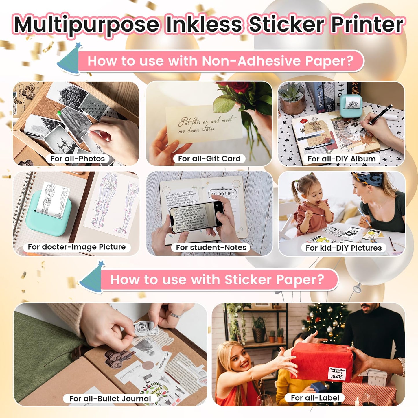 Mandizza Sticker Maker - Pocket Inkless Thermal Printer, M02L Bluetooth Sticker Maker Machine,Mini Printer with 6 Rolls Non-Adhesive Paper, Present for Birthday, Photos, Study Notes, Scrapbook, Pink