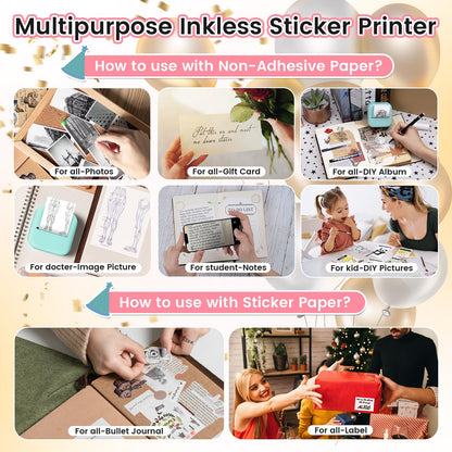 Mandizza Sticker Maker - Pocket Inkless Thermal Printer, M02L Bluetooth Sticker Maker Machine,Mini Printer with 6 Rolls Non-Adhesive Paper, Present for Birthday, Photos, Study Notes, Scrapbook, Pink