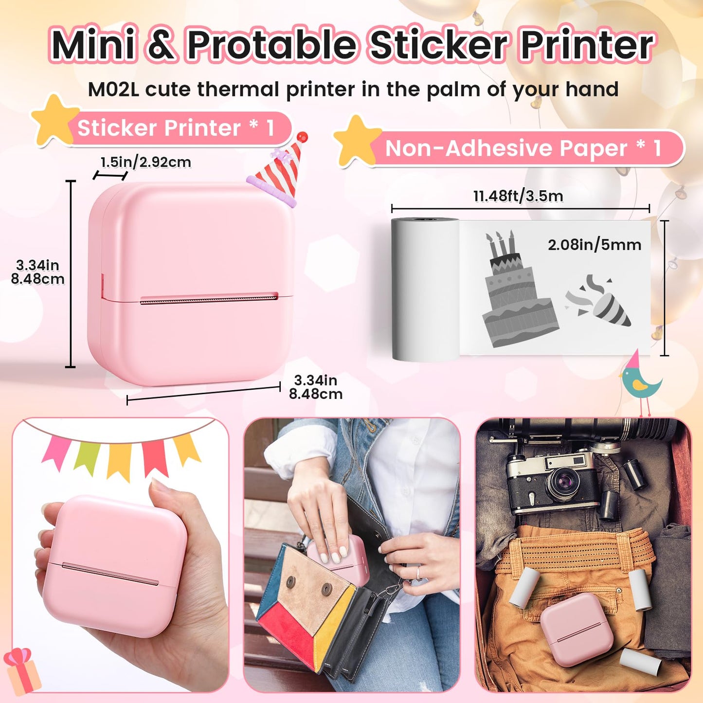 Mandizza Sticker Maker - Pocket Inkless Thermal Printer, M02L Bluetooth Sticker Maker Machine,Mini Printer with 6 Rolls Non-Adhesive Paper, Present for Birthday, Photos, Study Notes, Scrapbook, Pink