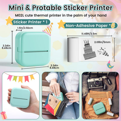 Mandizza Sticker Maker - Pocket Inkless Thermal Printer, M02L Bluetooth Sticker Maker Machine,Mini Printer with 6 Rolls Non-Adhesive Paper, Present for Birthday, Photos, Study Notes, Scrapbook, Green