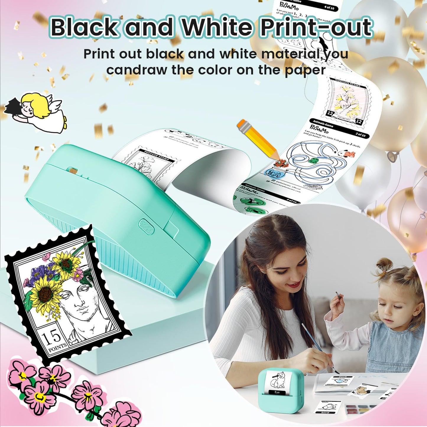 Mandizza Sticker Maker - Pocket Inkless Thermal Printer, M02L Bluetooth Sticker Maker Machine,Mini Printer with 6 Rolls Non-Adhesive Paper, Present for Birthday, Photos, Study Notes, Scrapbook, Green