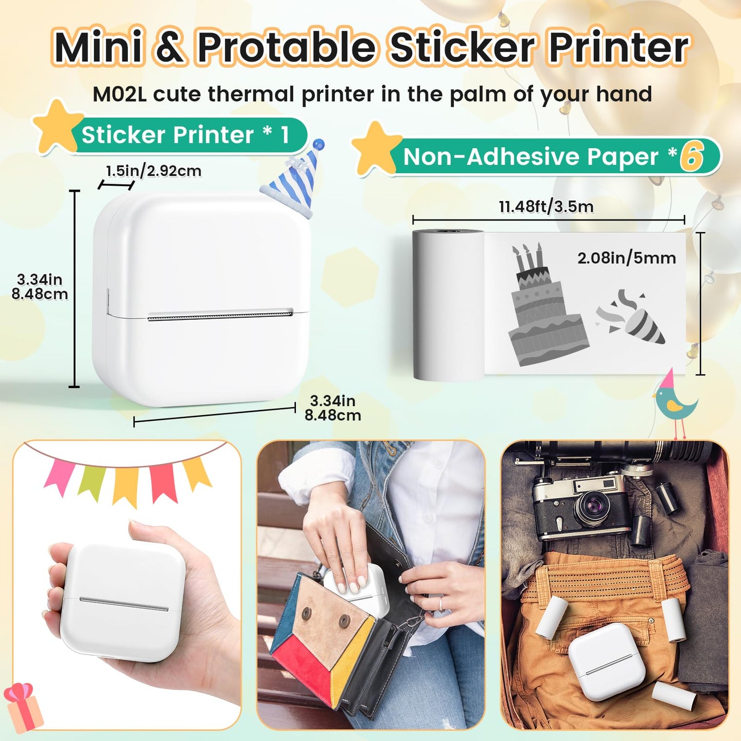 Mandizza Sticker Maker - Pocket Inkless Thermal Printer, M02L Bluetooth Sticker Maker Machine,Mini Printer with 6 Rolls Non-Adhesive Paper, Present for Birthday, Photos, Study Notes, Scrapbook, White