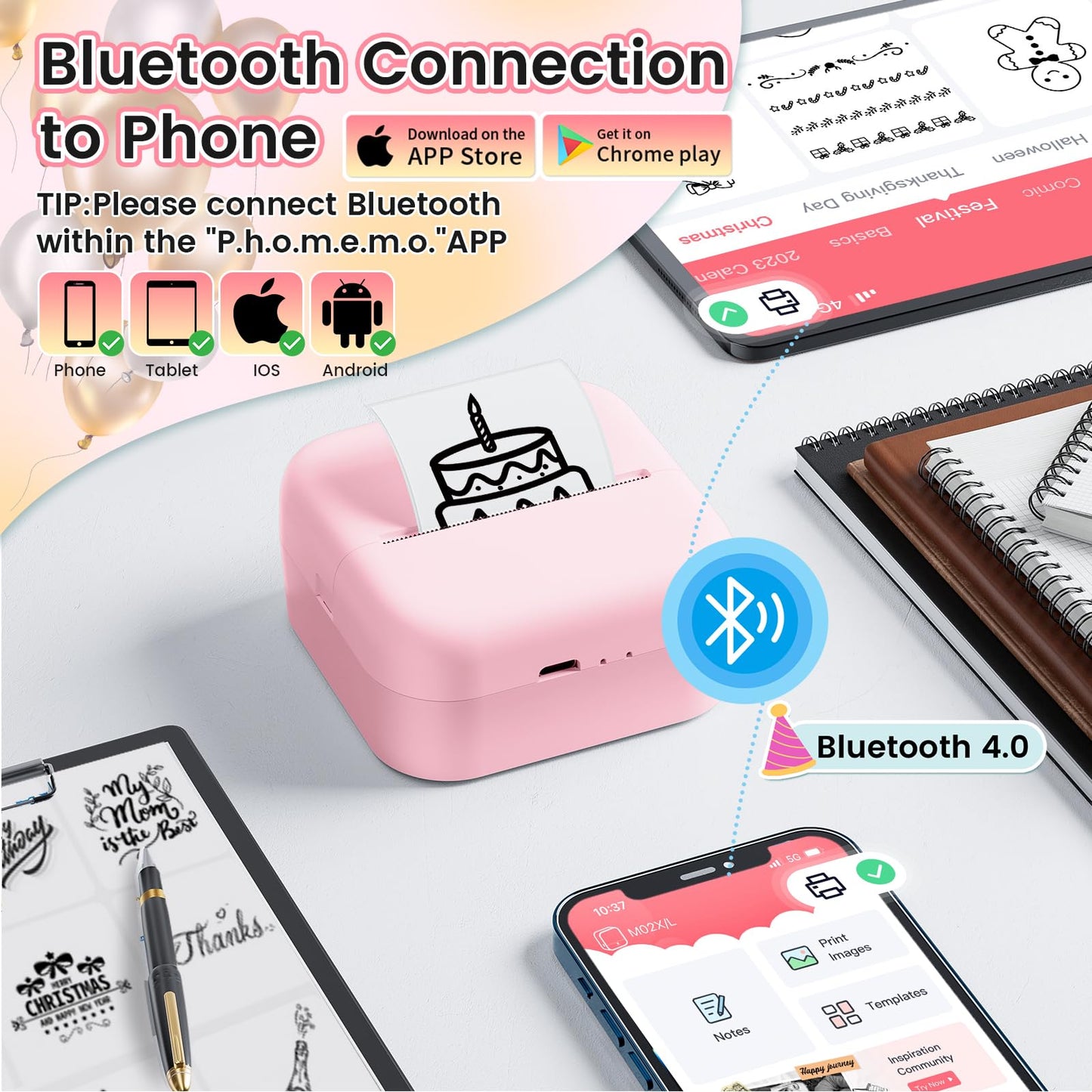 Mandizza Sticker Maker - Pocket Inkless Thermal Printer, M02L Bluetooth Sticker Maker Machine,Mini Printer with 6 Rolls Non-Adhesive Paper, Present for Birthday, Photos, Study Notes, Scrapbook, Pink