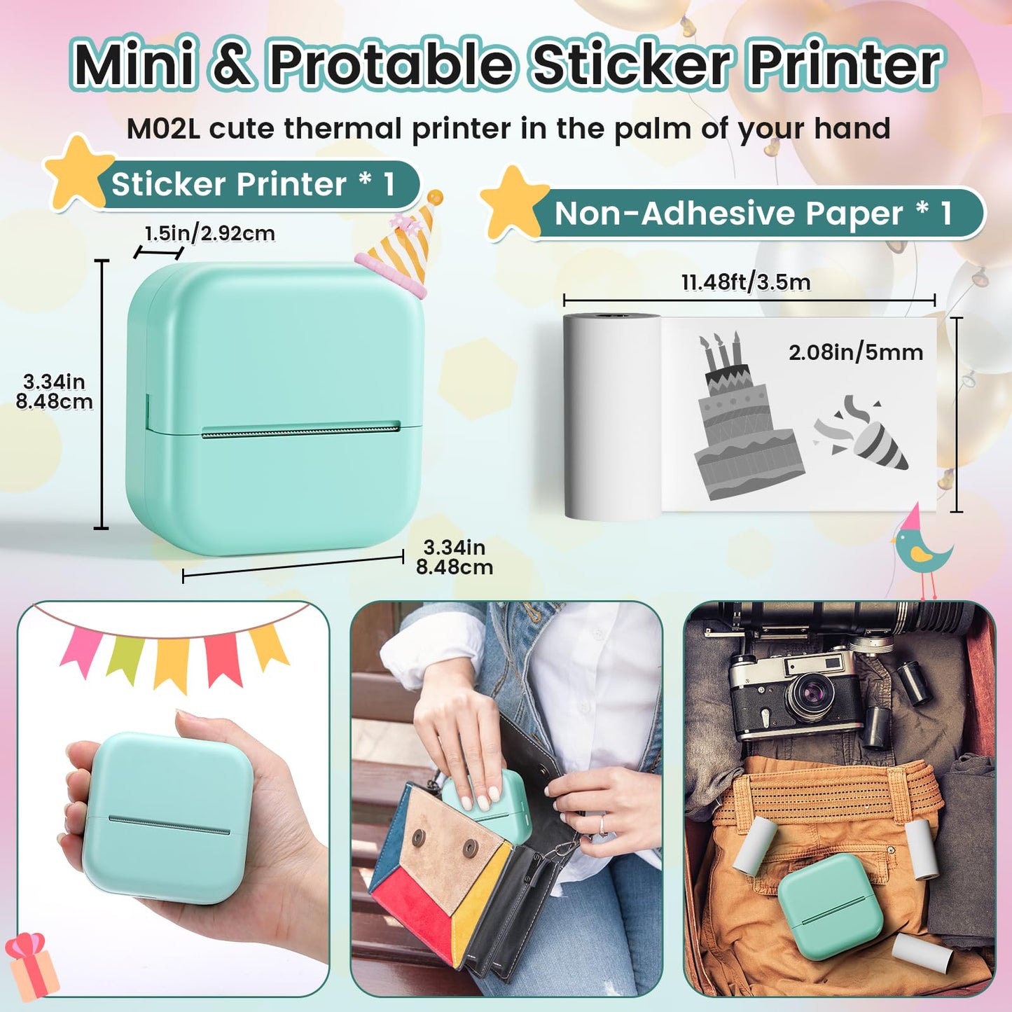 Sticker Maker Machine - Pocket Inkless Thermal Printer,Mandizza M02L Bluetooth Mini Printer with Non-Adhesive Paper, Gift for Mother's Day, Birthday, School, Photos, Study Notes, Scrapbook, Green