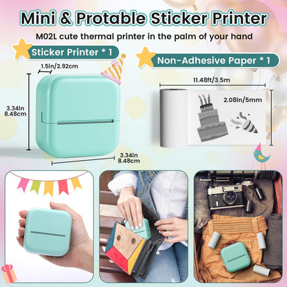 Sticker Maker Machine - Pocket Inkless Thermal Printer,Mandizza M02L Bluetooth Mini Printer with Non-Adhesive Paper, Gift for Mother's Day, Birthday, School, Photos, Study Notes, Scrapbook, Green