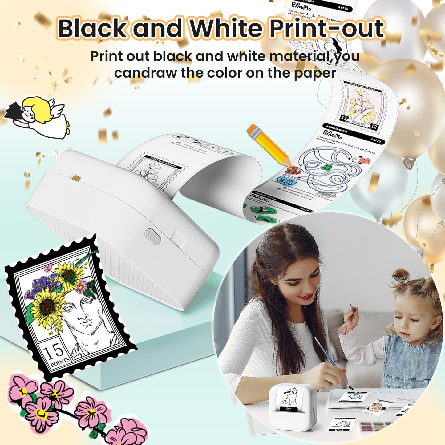 Sticker Maker Machine - Pocket Inkless Thermal Printer,Mandizza M02L Bluetooth Mini Printer with Non-Adhesive Paper, Gift for Mother's Day, Birthday, School, Photos, Study Notes, Scrapbook, White