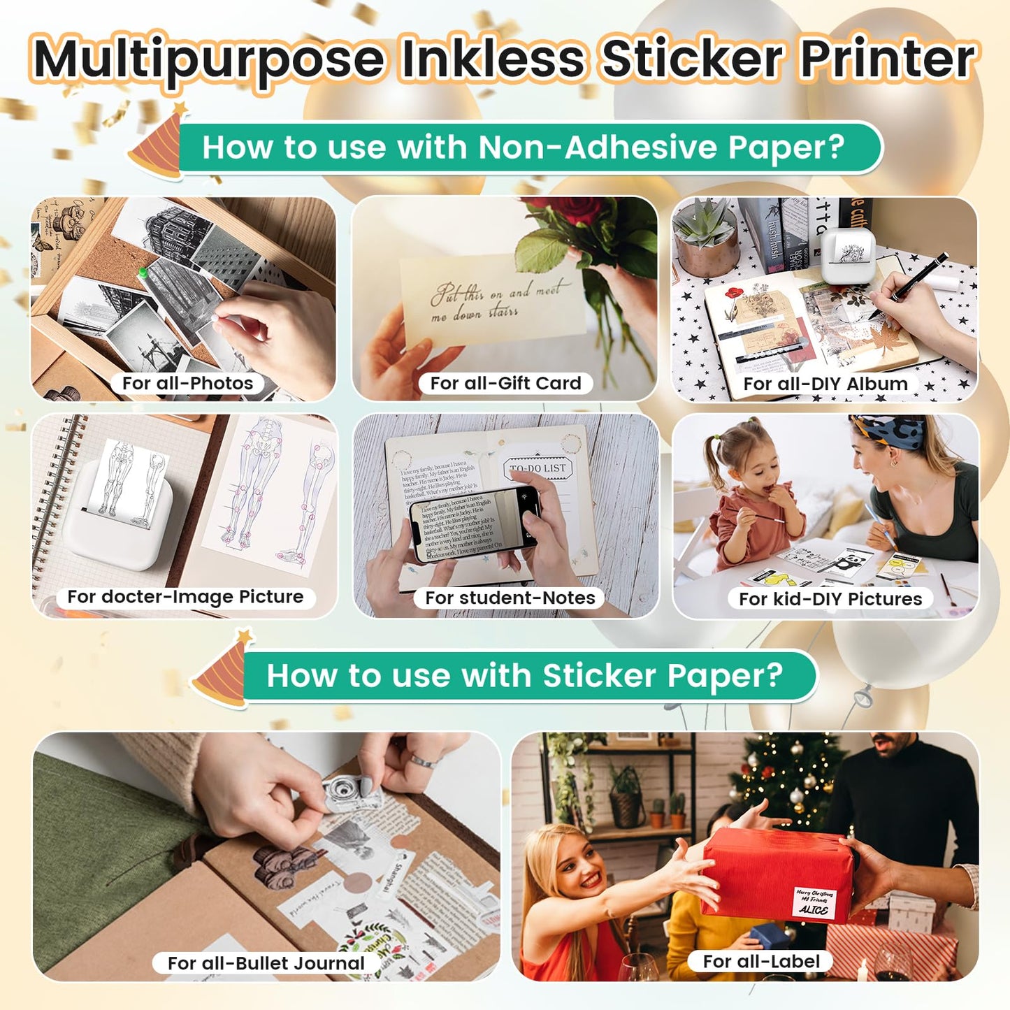 Sticker Maker Machine - Pocket Inkless Thermal Printer,Mandizza M02L Bluetooth Mini Printer with Non-Adhesive Paper, Gift for Mother's Day, Birthday, School, Photos, Study Notes, Scrapbook, White