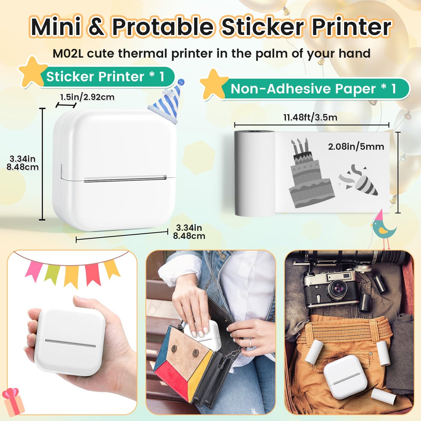 Sticker Maker Machine - Pocket Inkless Thermal Printer,Mandizza M02L Bluetooth Mini Printer with Non-Adhesive Paper, Gift for Mother's Day, Birthday, School, Photos, Study Notes, Scrapbook, White